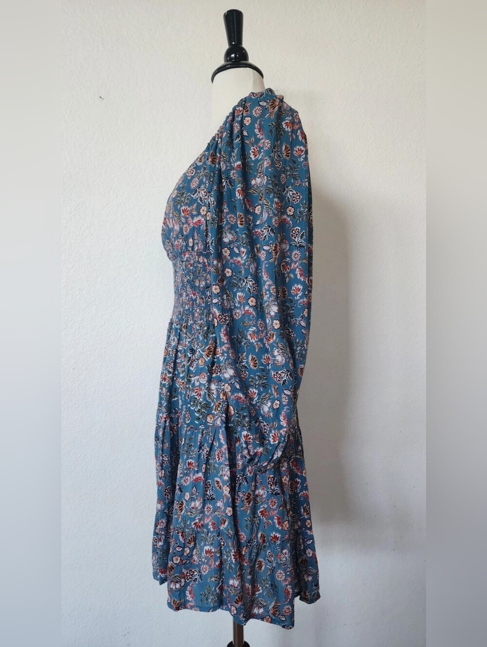 Blue Floral Long-Sleeve Smocked Waist Dress - Picture 2 of 4